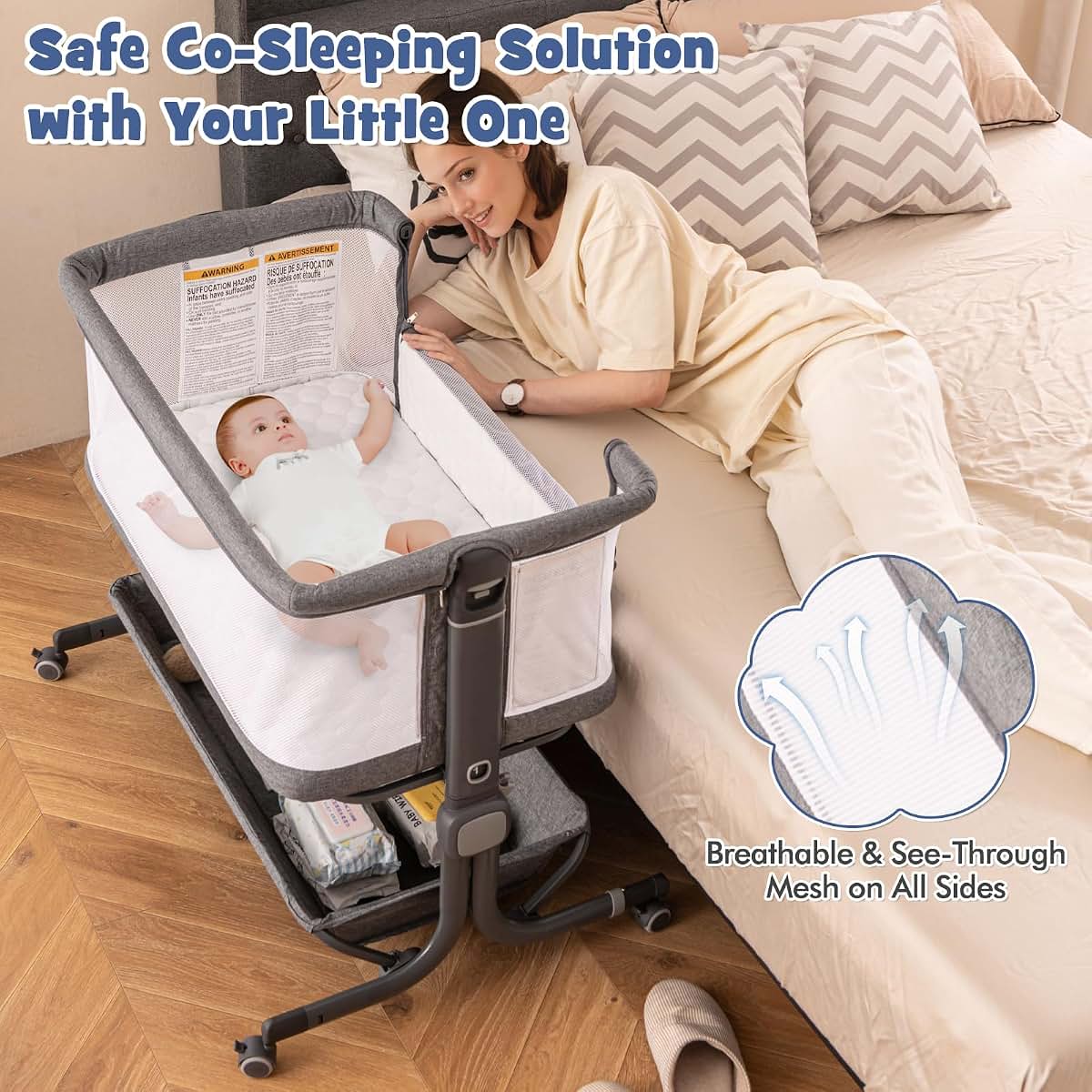 Baby Joy Bedside Bassinet Crib with 6-Level Adjustable Height and Mattress, Gray