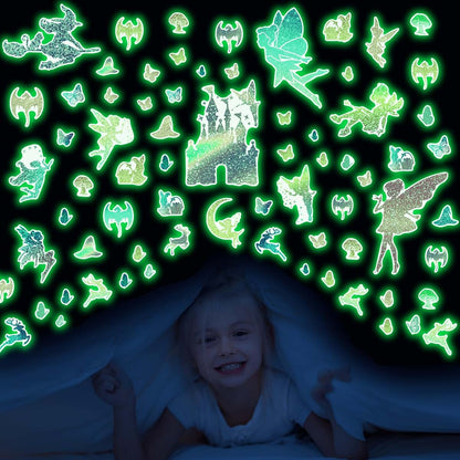 BabyOneStop Glow in the Dark Fairy Wall Decals with Glitter Butterflies and Witch Stickers for Kids Room