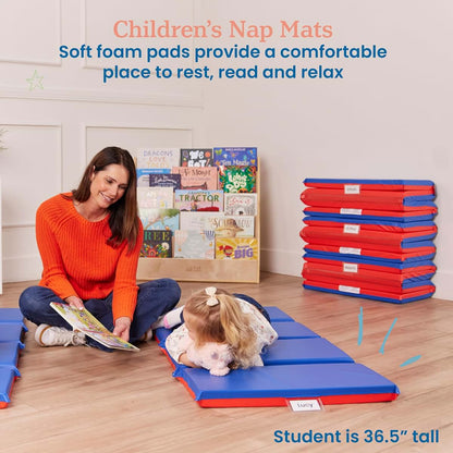 ECR4Kids Premium Folding Rest Mat, 4-Section, 2in, Sleeping Pad, Blue/Red (photo 3)