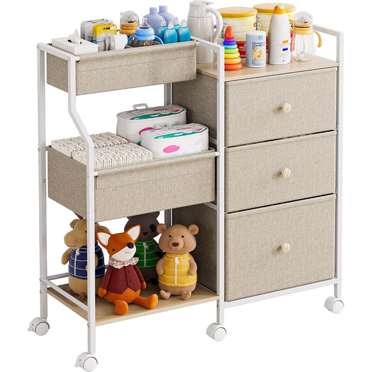 Modanais Baby Diaper Caddy Organizer Rolling Cart with Drawers, Off White