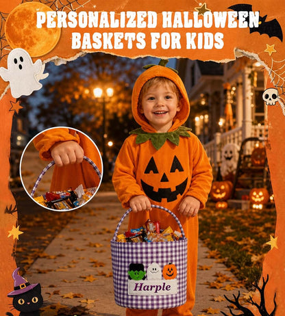 HMTANZR Personalized Halloween Basket Gingham with Embroidery Name (Black, Style 3) (photo 4)