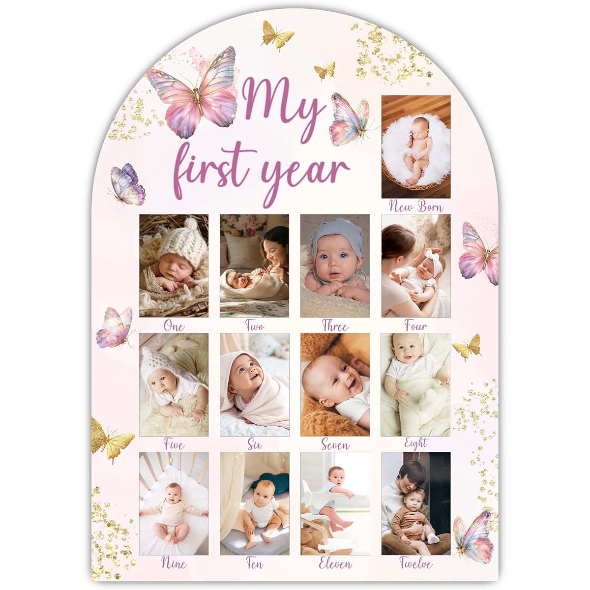 UIBOVA My First Year Photo Board, Wooden Milestone Display for 2x3 Photos, Butterfly Nursery Decor