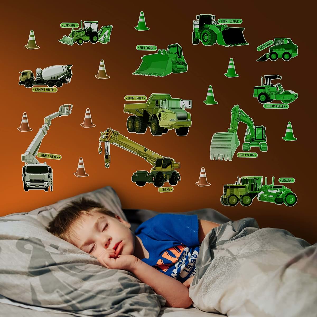 Glow In The Dark Construction Wall Stickers With 11 Decals And 10 Cones