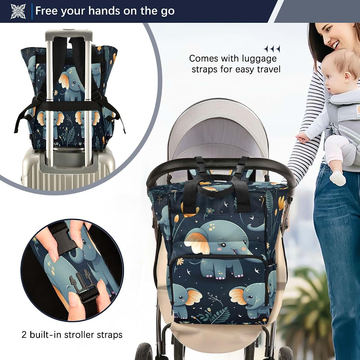 LINNIKEEEE Cartoon Cute Elephants Diaper Bag Travel Backpack Large Capacity Tote Mom Bags for Dad Women Girls (photo 4)