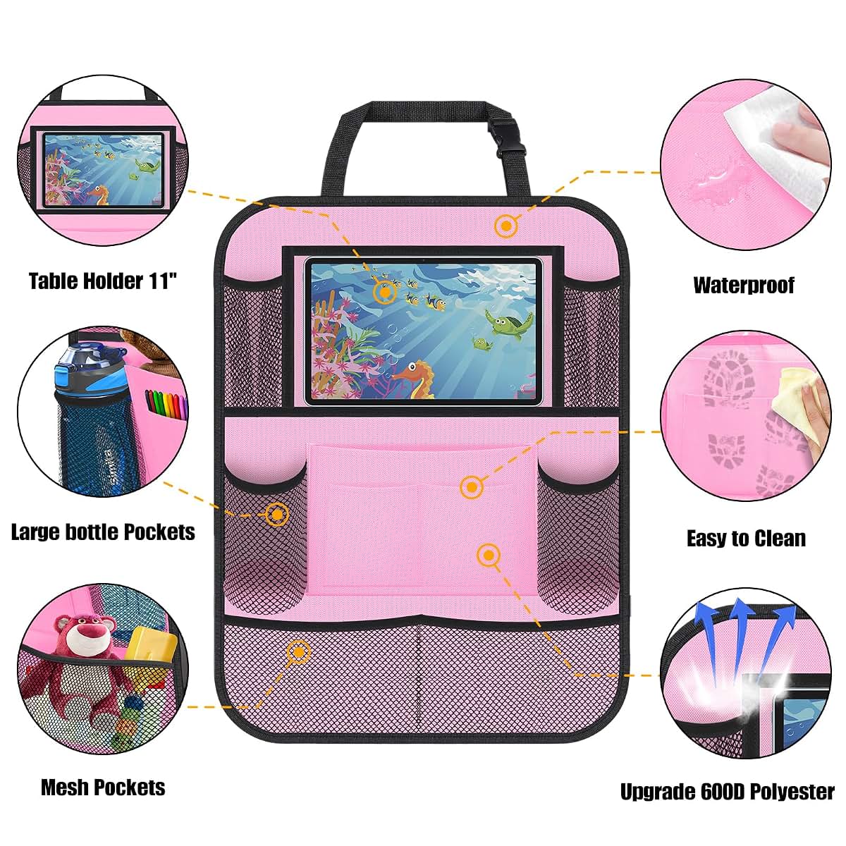 ULEEKA Backseat Car Organizer w/ 10 Storage Pockets, 11" Tablet Holder, 2 PCS Pink (photo 2)
