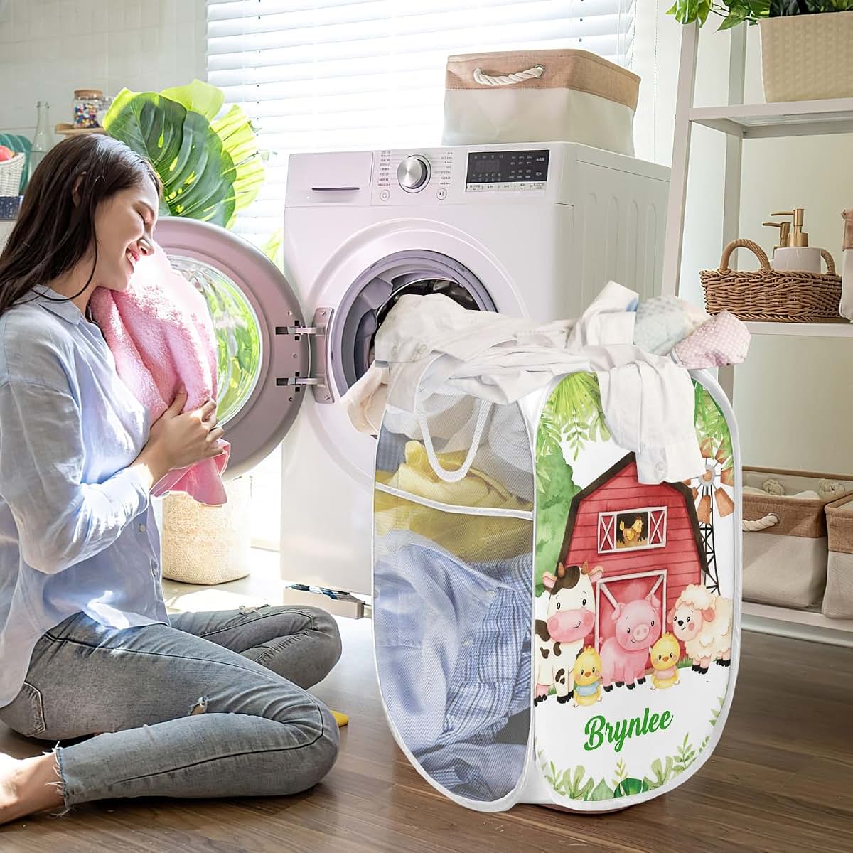 Joyestore Farm House Animals Cow Sheep Pig Personalized Storage Bin,Waterproof Foldable Clothes Mesh Basket for Laundry (photo 3)