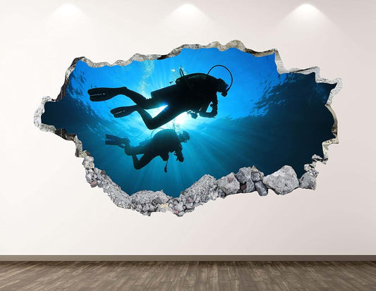 West Mountain Scuba Diving Wall Decal Art Decor 3D Smashed Sport Sticker Poster Kids Room Mural Custom Gift BL253 (30"W