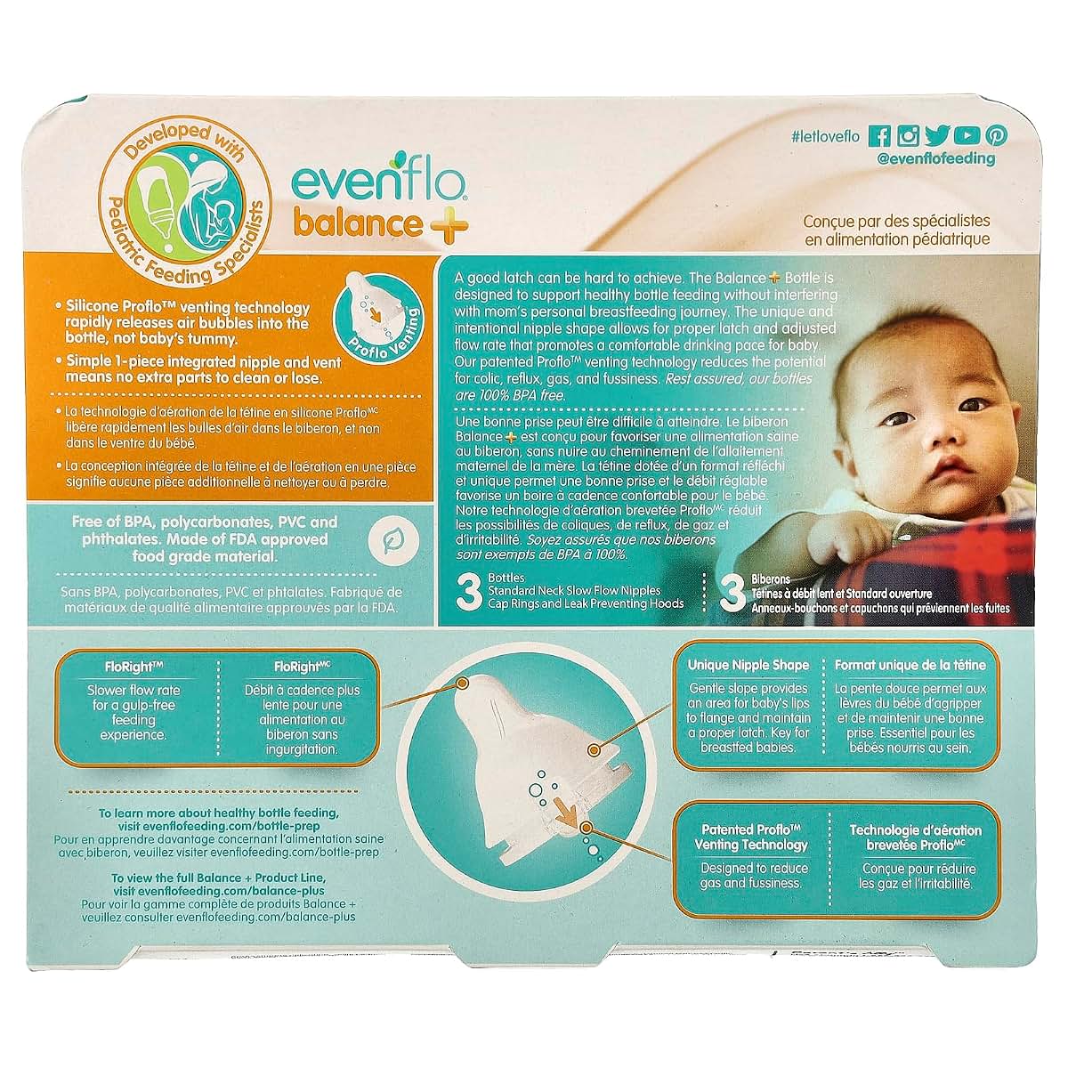 Evenflo Feeding Balance+ Bottles, Standard, 0+ Months, Slow Flow, 3 Bottles, 4 oz (120 ml) (photo 2)