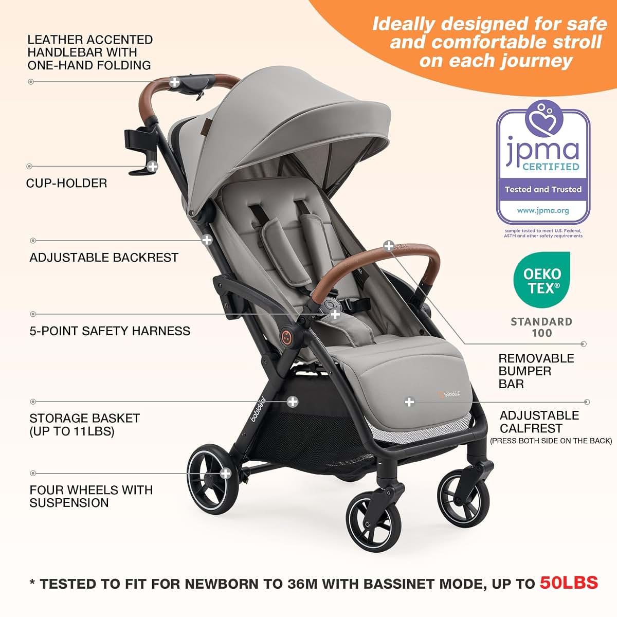 Babideal Lightweight Self-Folding Travel Stroller with Canopy, Grey
