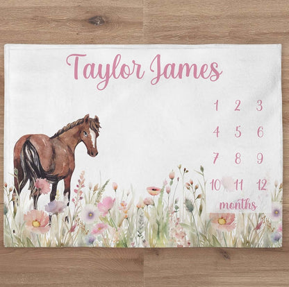 UnoCo Pink Wildflower Horse Baby Blanket Personalized Baby Girl Month Blanket Farm Nursery Custom Newborn Gift New Mom