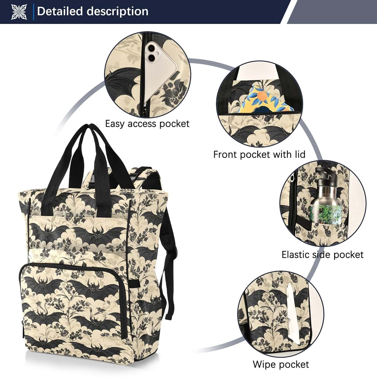 MNSRUU Bats and Flowers Vintage Diaper Bag Backpack, Large Capacity
