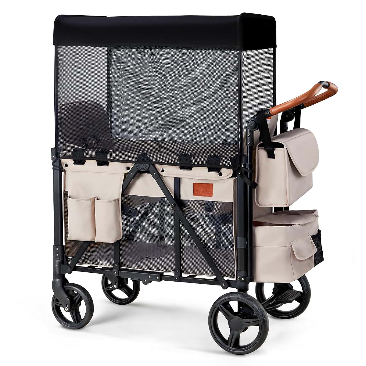 ZTDM Wagon Stroller for 2 Kids with Canopy and 5 Point Harness - Beige