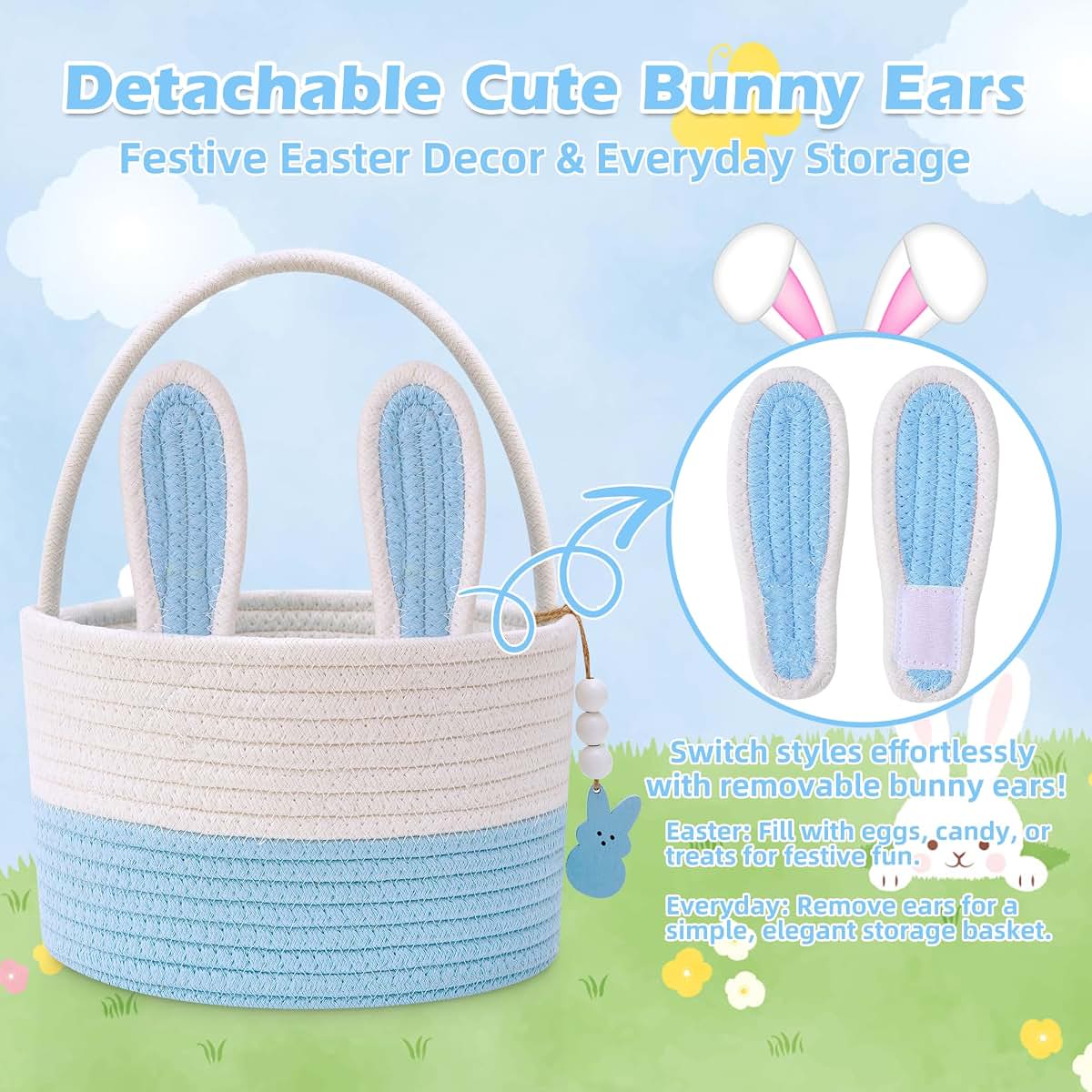 Woven Cotton Rope Bunny Easter Basket for Boys and Girls