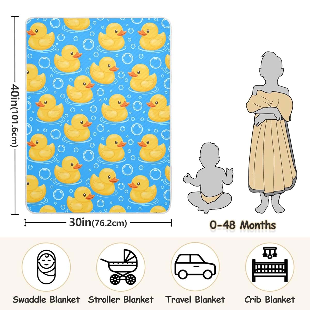 Junzan Cute Yellow Rubber Ducks Baby Blanket, Cotton Breathable Swaddle 40 x 30 in