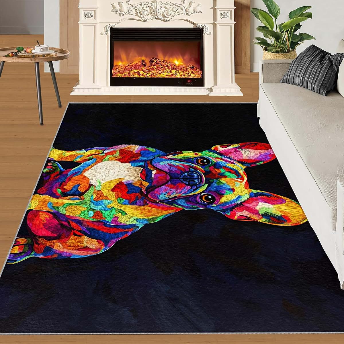 HYGIUID Dog Rug for Kids Room, French Bulldog Rug - 5x6, Pop Animal Bedroom Rugs, Washable & Non Slip Carpet for Home