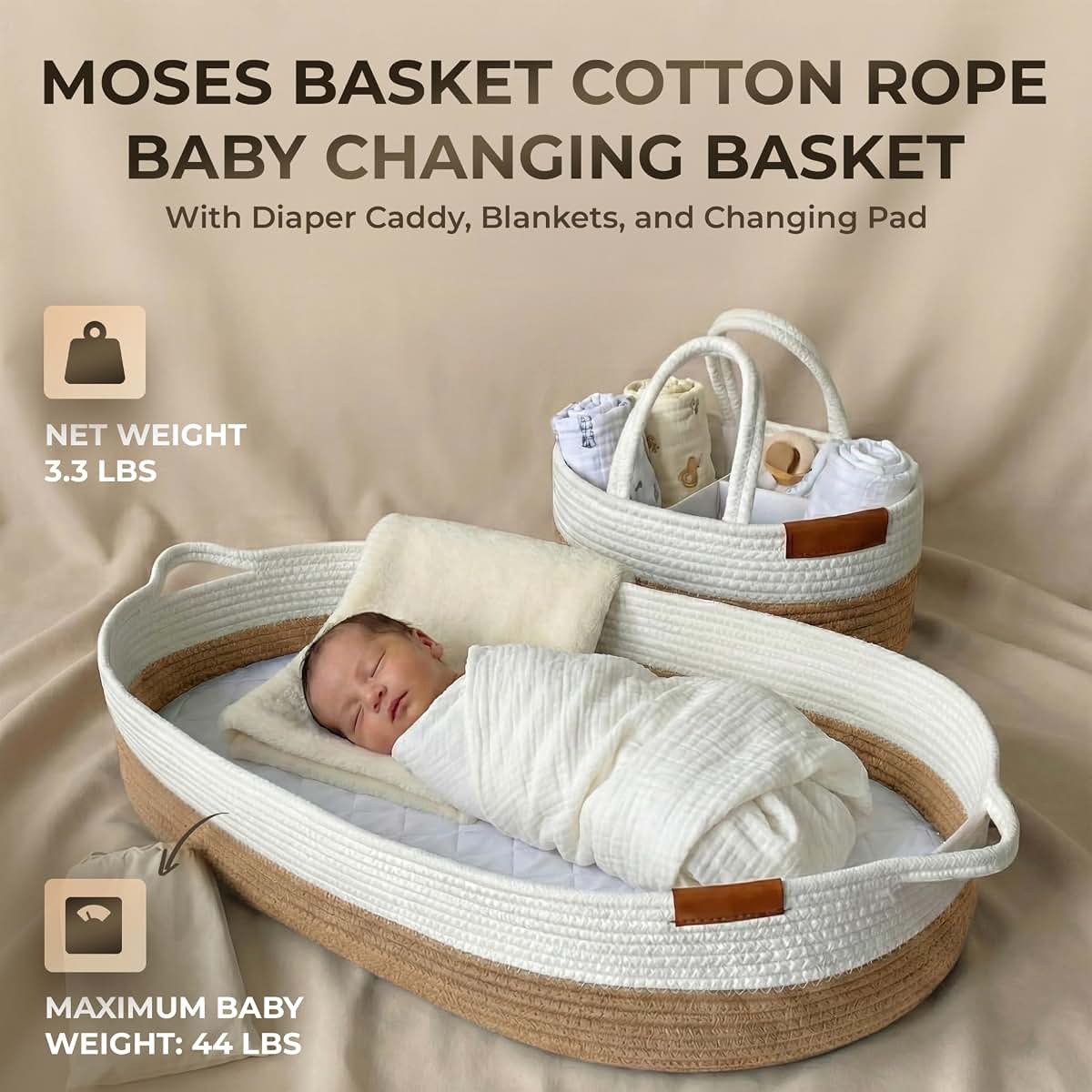 Littlingo Set of 2 Baby Changing Baskets, Moses Basket with Pad, Cotton Rope Baby Moses Basket Bassinet (Beige) (photo 3)