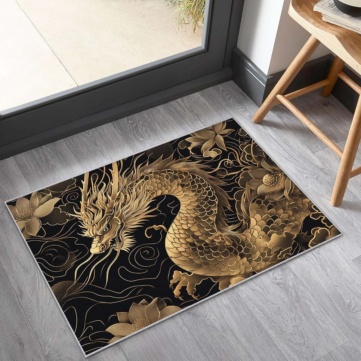 SZLYZM Dragon Rug for Nursery - Japanese Dragon Area Rug 4x5, Chinese Home Decor, Black Gold Rome Decor & Gifts