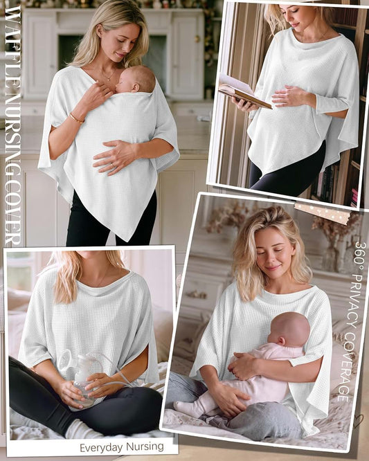 SteloVibe Women Nursing Cover White Waffle Knit Poncho (photo 2)