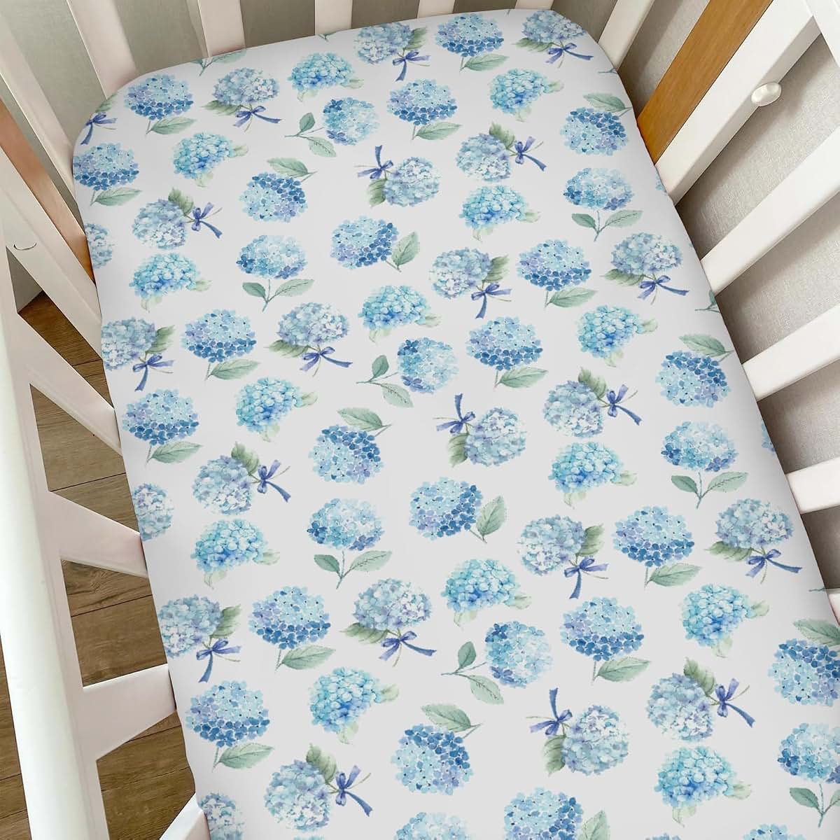 Selgkds Blue Hydrangea Bows Baby Crib Sheets for Boy Girl Preppy Bows Floral Ribbon Soft Fitted Crib Mattress Covers