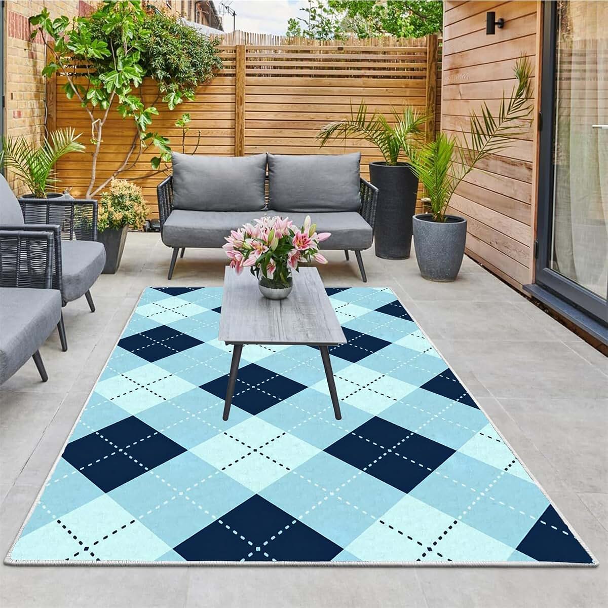 Syhi Qlty Plaid Rug Washable Area Rug, Blue and Teal Checkered 3x5