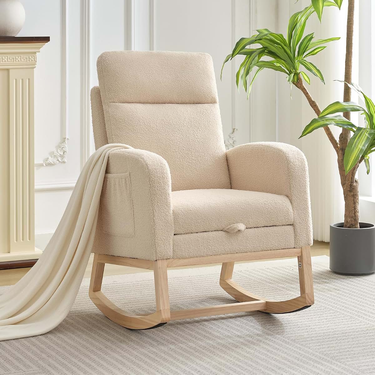 Slekversa Nursery Rocking Chair with Retractable Footrest and High Backrest