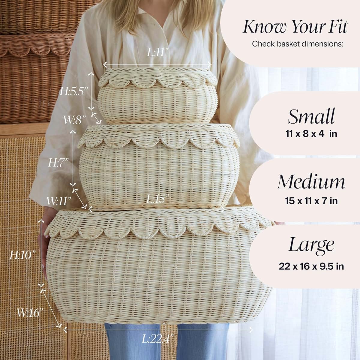 Bebe Bask Large Scalloped Basket Set of 3, Handwoven Rattan Storage with Lids