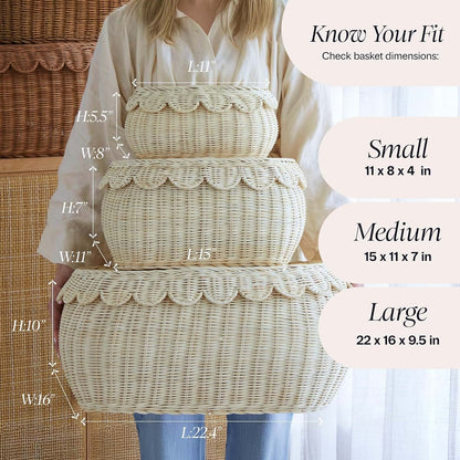 Bebe Bask Large Scalloped Basket Set of 3, Handwoven Rattan Storage with Lids