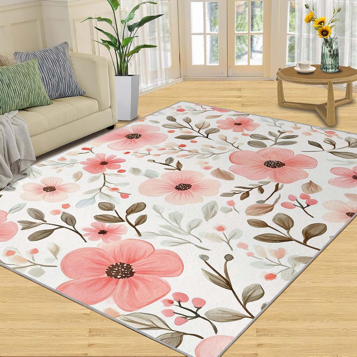 HYGIUID Florals Area Rugs 4x5 - Florals Rug for Entryway, Flowers Washable Entry Way Rugs Kids Carpet for Inside House