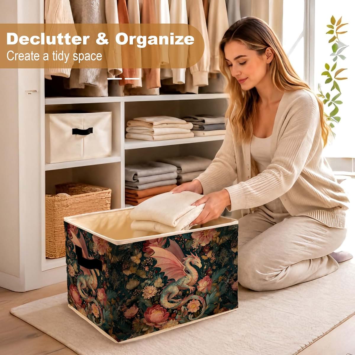 Wpqthip Floral Dragon Storage Bin for Nursery and Room Organization