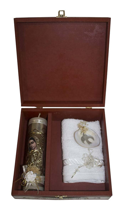 San Rafael Arcangel Premium Virgin of Guadalupe Baptism Kit - Includes Candle, Towel, Shell, Rosary - Catholic