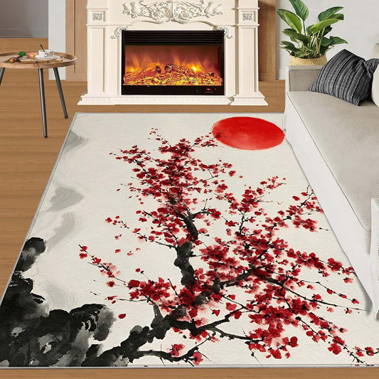 Hygiuid 4x5 Scarlet Sun Cherry Bloom Area Rug, Rectangular Low-Pile Carpet