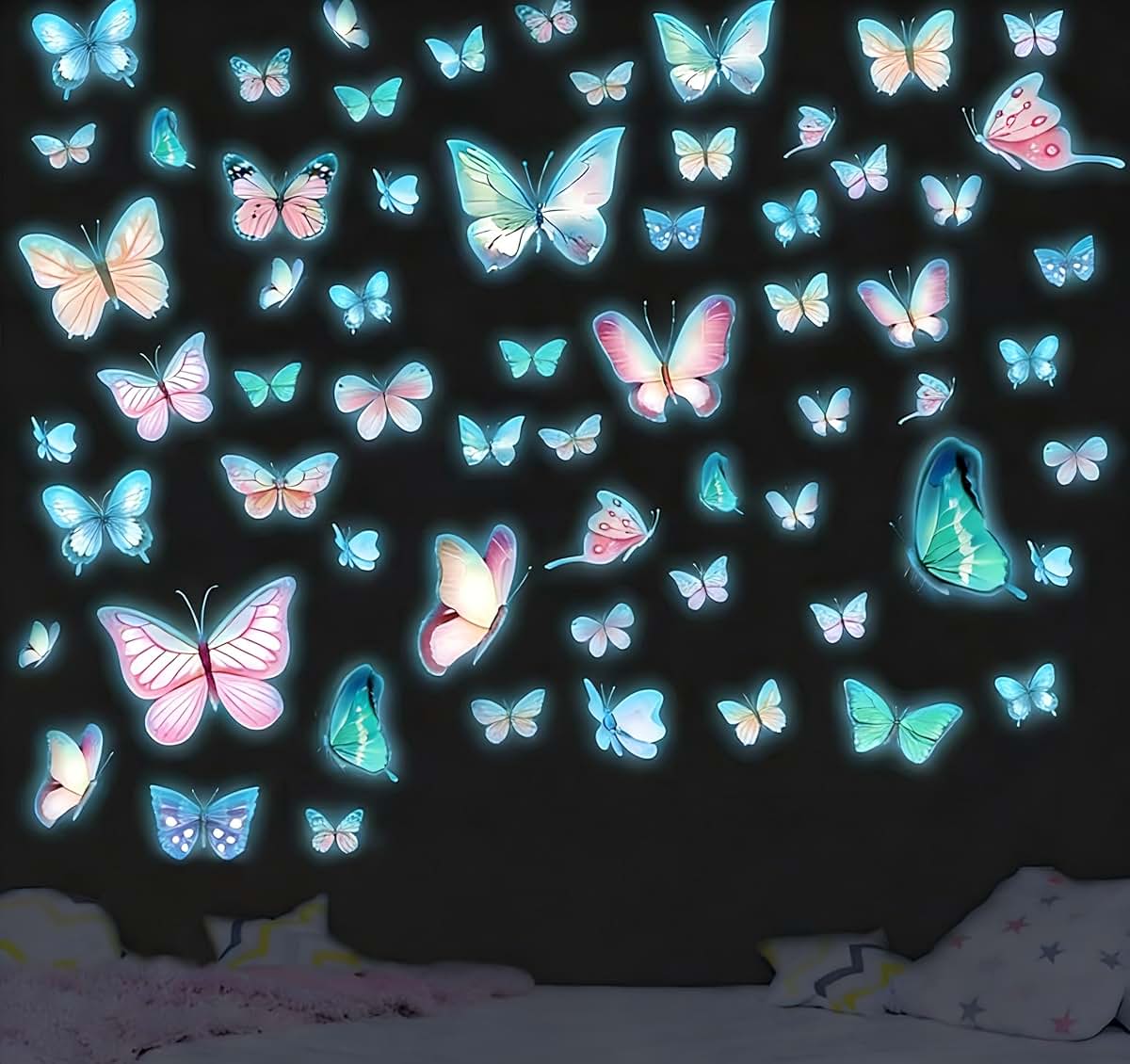 Lotusamber Glow in the Dark Butterfly Wall Decals, 64 Pcs Luminous PVC Stickers for Indoor Walls and Ceilings