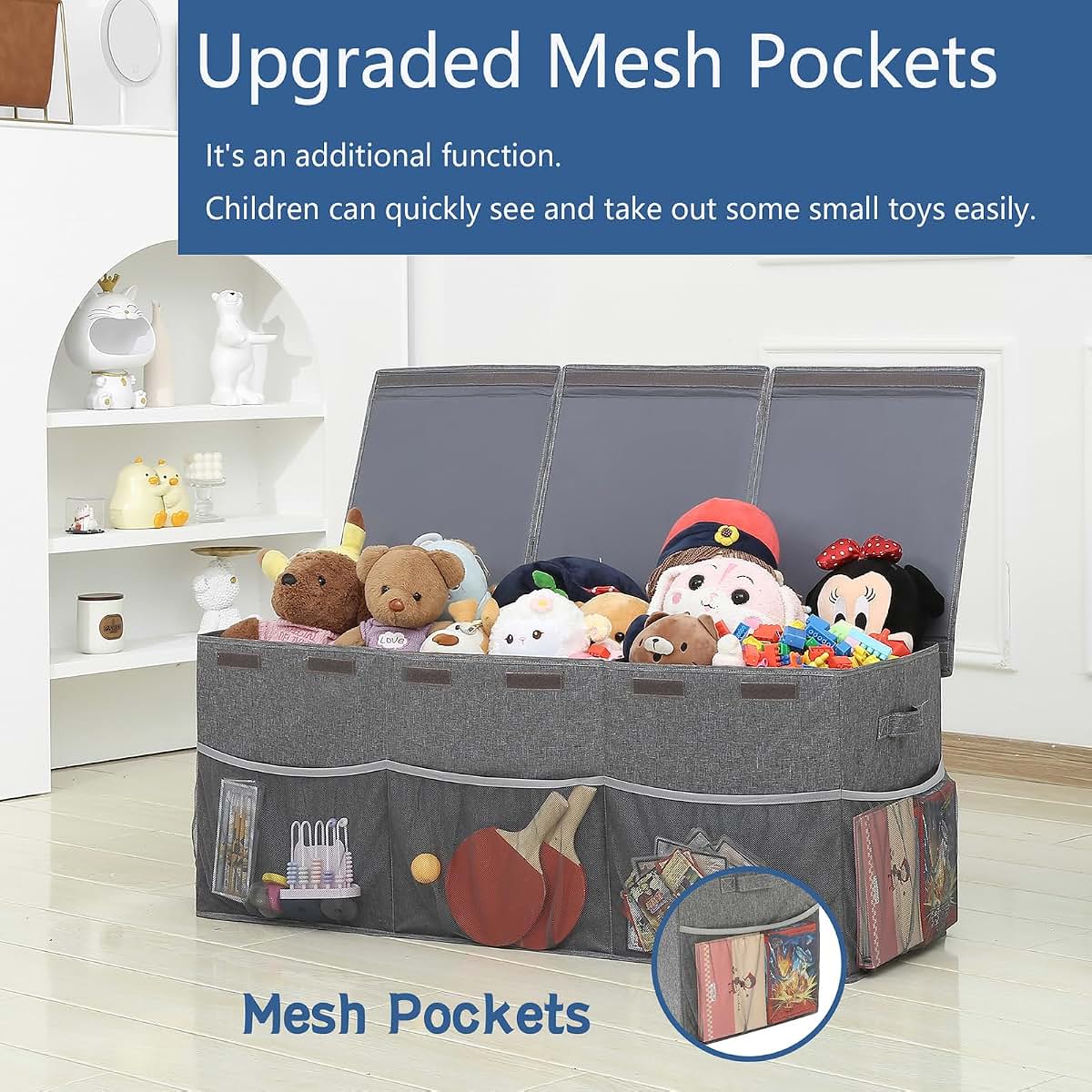 Remittur Extra Large Toy Box with Mesh Pockets and Lift-Off Lid
