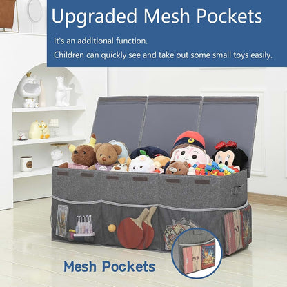 Remittur Extra Large Toy Box with Mesh Pockets and Lift-Off Lid