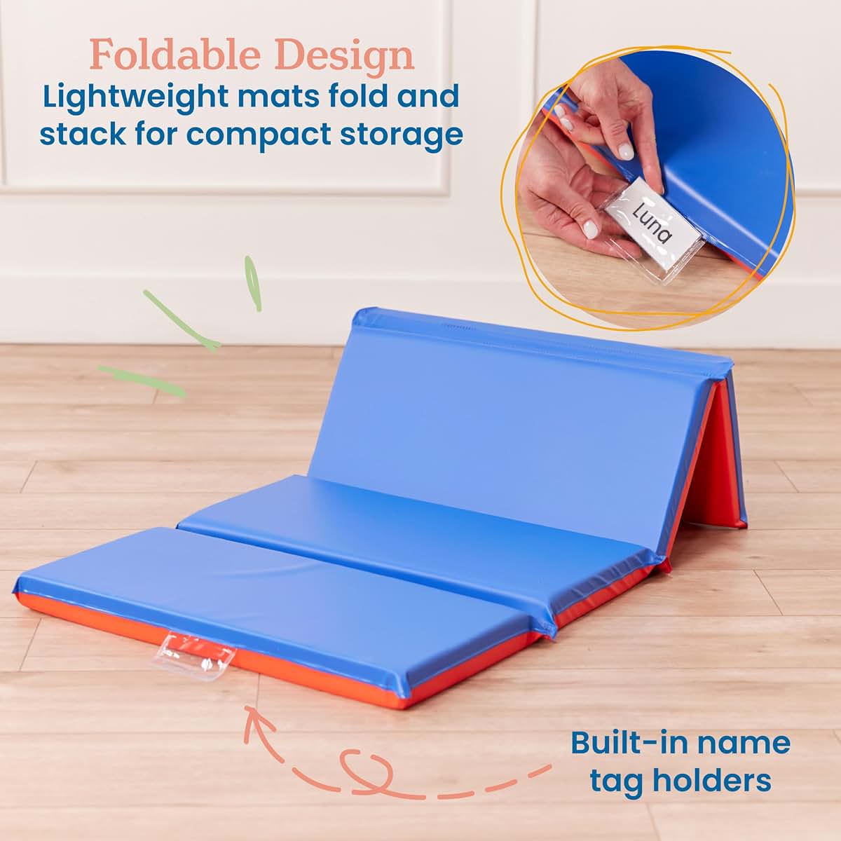 ECR4Kids Premium Folding Rest Mat, 4-Section, 2in, Sleeping Pad, Blue/Red (photo 4)