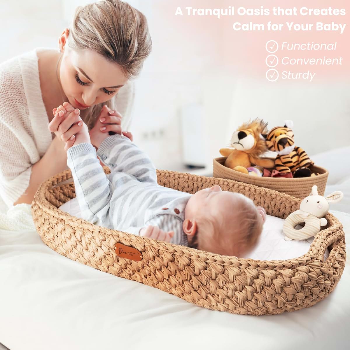 D'OR BABY Handmade Baby Changing Basket Set with a Soft Changing Pad and Waterproof Cover,Diaper Organizer,Rattle