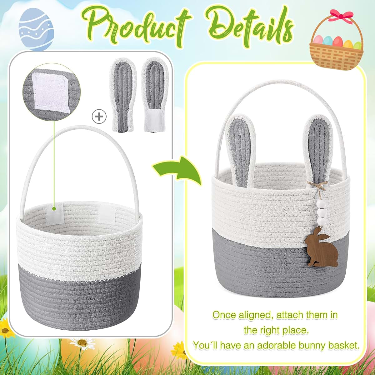 Breezehug 3 Pcs Easter Baskets for Kids, with Name Tag, Grey (photo 3)