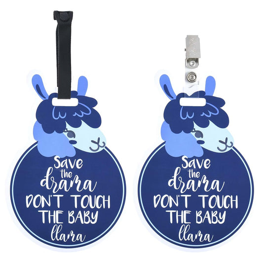 (Three Little Tots) Blue Llama Tags Two Pack- Baby Safety No Touching Car Seat Sign, Stroller Sign, Newborn Car Seat