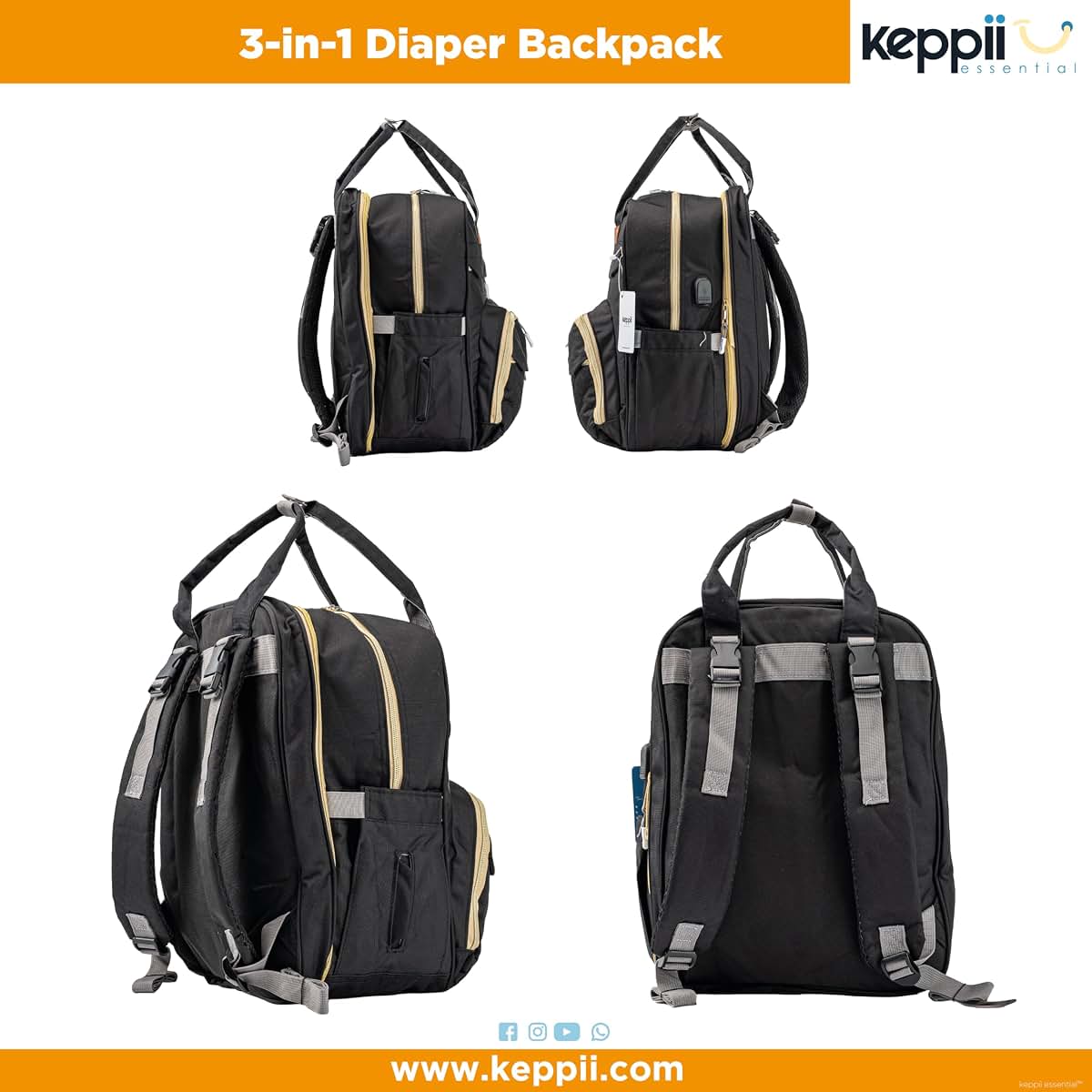 keppii essential™ 3-in-1 Diaper Backpack – Waterproof, USB Port, 16 Pockets & Changing Station | CPC Certified (Black) (photo 2)