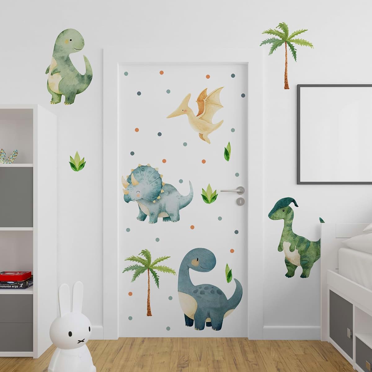 Large Dinosaurs Wall Decals Green Boho Watercolor Vinyl Stickers for Nursery Kids Room