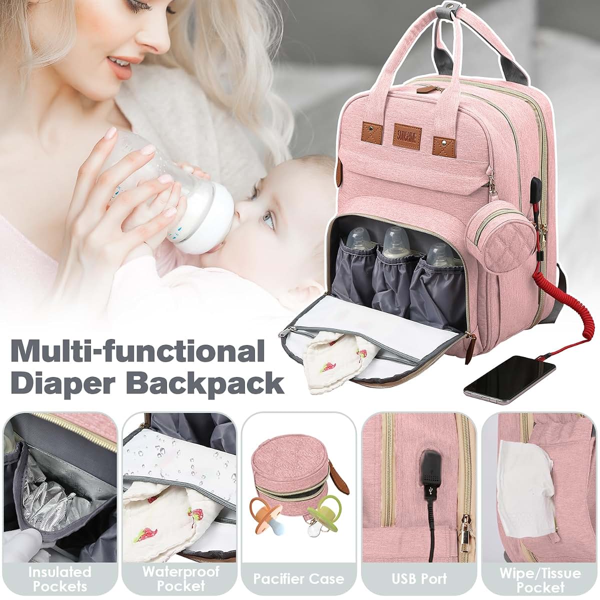 Diaper Bag Backpack with Changing Station, Pink, 25L 900D Nylon, USB Port & Insulated Pockets