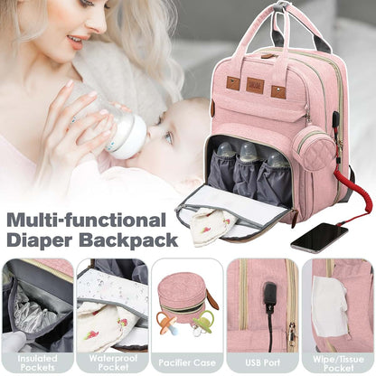 Diaper Bag Backpack with Changing Station, Pink, 25L 900D Nylon, USB Port & Insulated Pockets