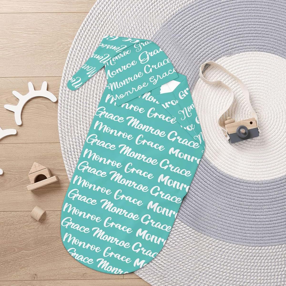 LiSoAkWE Teal Personalized Newborn Swaddle Blanket Hat Set,Soft and Stretchy Baby Blanket Swaddle Sack Gift for Boy (photo 2)