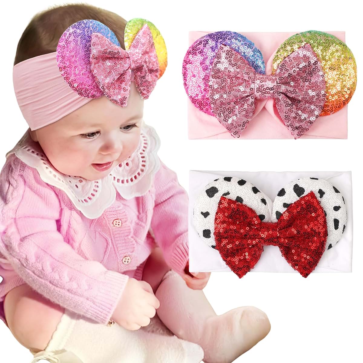 BBGifts Baby Girl White Pink Mouse Ear Headbands 2PCS Nylon Sequins
