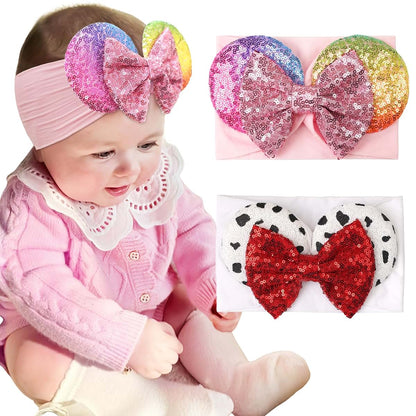 BBGifts Baby Girl White Pink Mouse Ear Headbands 2PCS Nylon Sequins