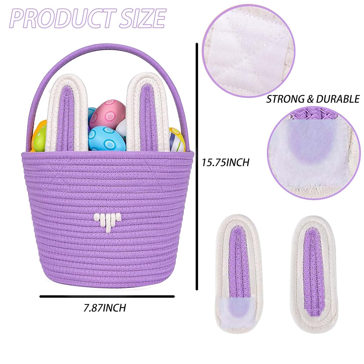 Easter Bunny Basket With Handle, Foldable Cotton Egg Hunt Bucket, Blue