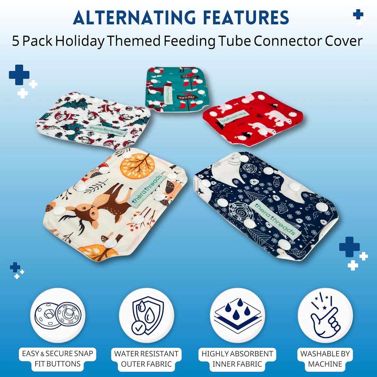 therathreads 5 Pack Holiday Themed Feeding Tube Connector Cover Set for G, J, or PEG Tubes. Ultra Soft and Absorbant (photo 4)