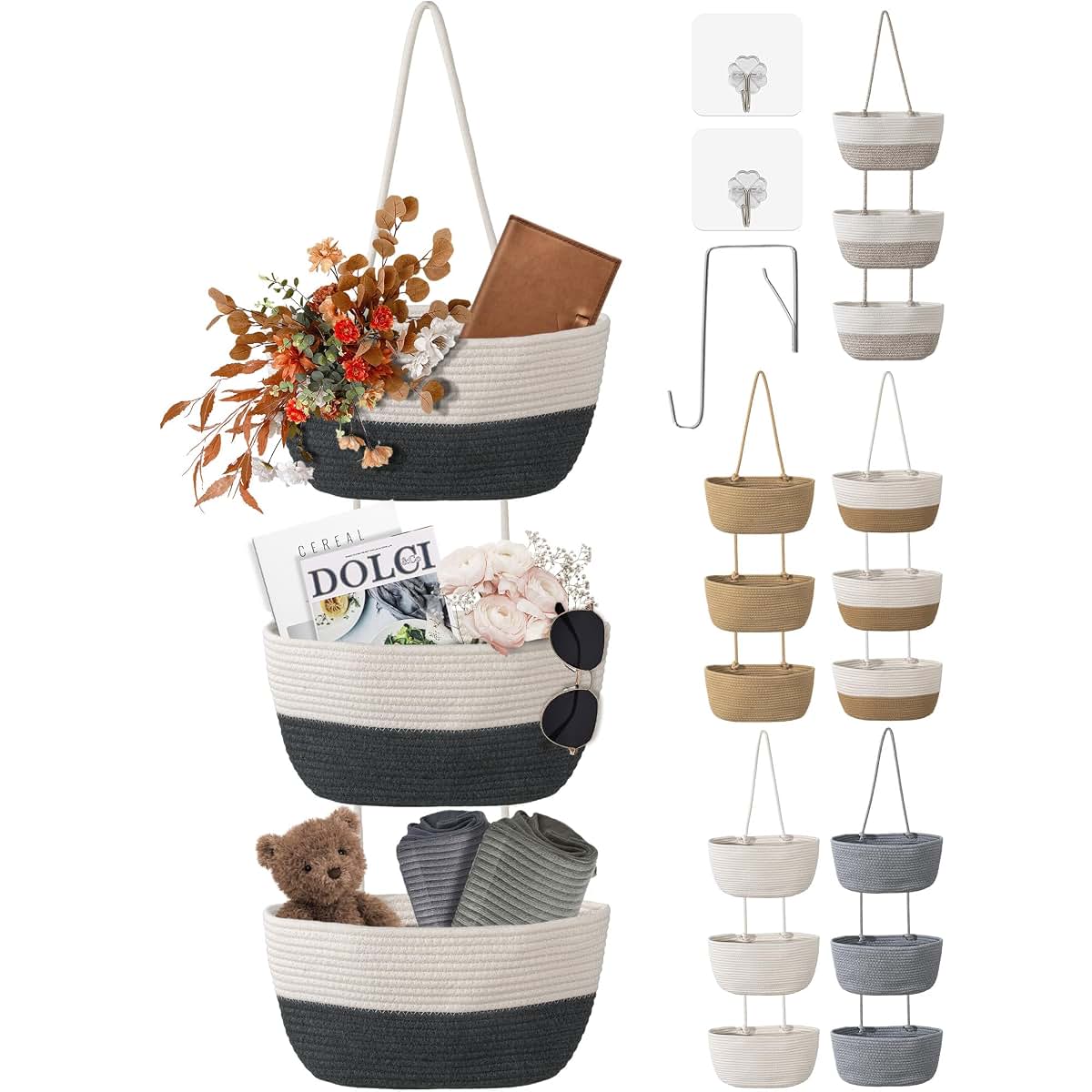 Wymulot 3 Tier Wall Mounted Woven Hanging Basket - White & Gray