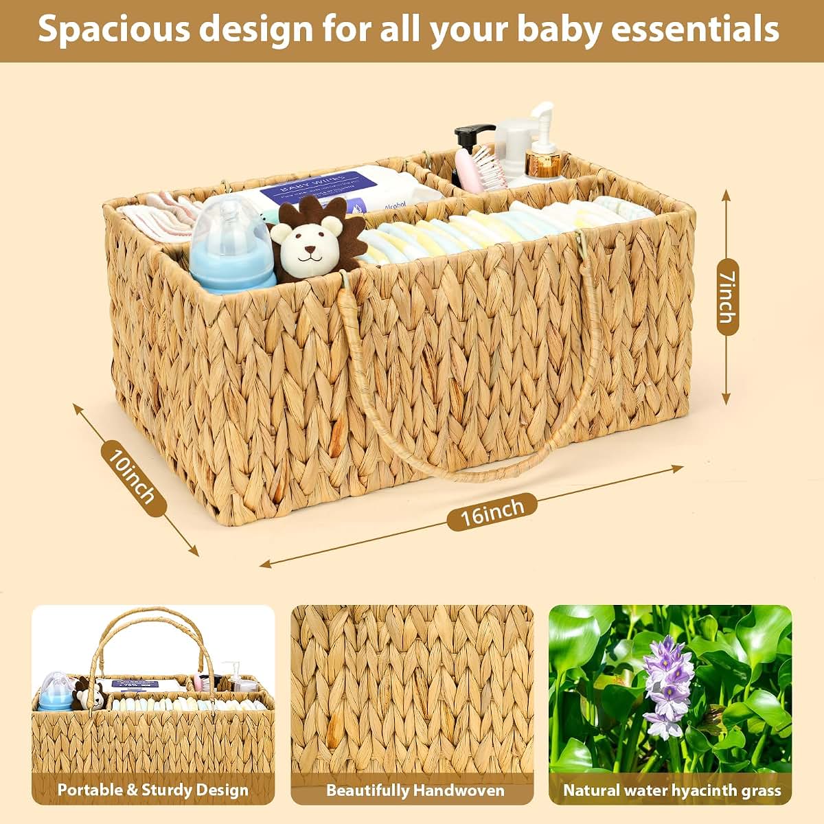 Niuirt Large Baby Diaper Caddy Organizer, Handwoven Water Hyacinth Storage Basket