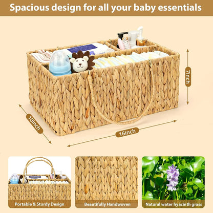 Niuirt Large Baby Diaper Caddy Organizer, Handwoven Water Hyacinth Storage Basket
